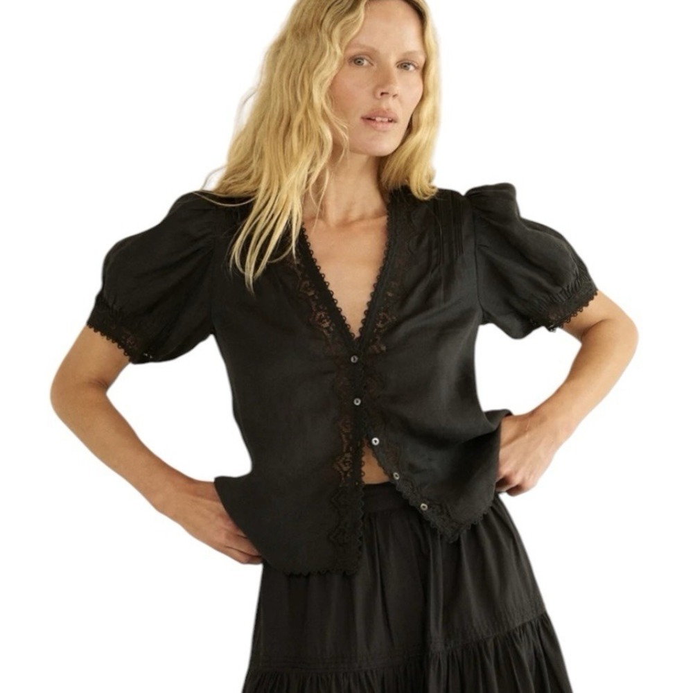 DÔEN Brigitta Lace Trim Top Womens Small Black Short Sleeve Ramie Coquette - Picture 1 of 13